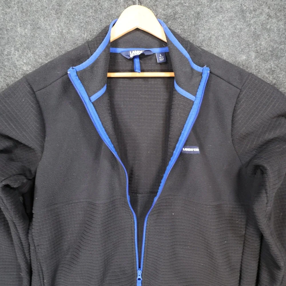 Lands' End Fleece‎ Jacket Mens Large Black Excellent Grid Texture Full Zip